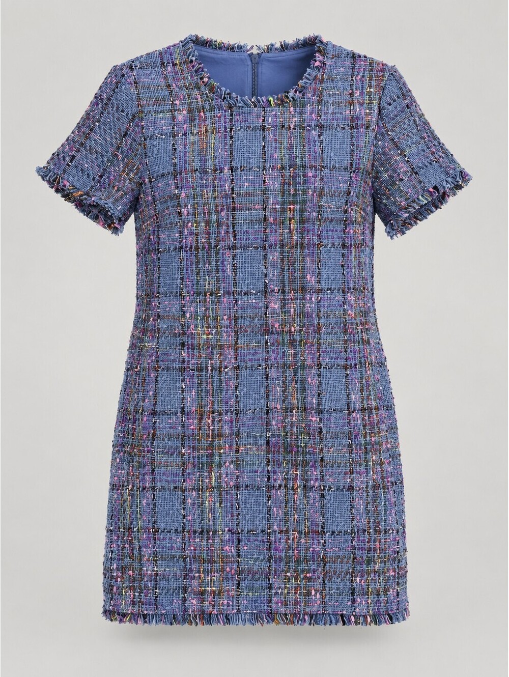 Steve Madden Women’s L Ria Blue Multicolor Tweed Fringe Shift Mini Dress